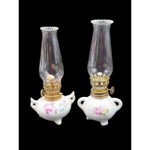 Vintage Miniature Porcelain Oil Lamps Genie Style Set of 2 Hand Painted Roses